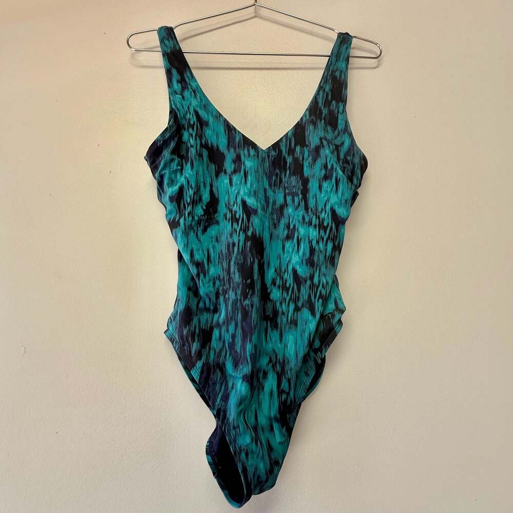 TYR Women's Teal Abstract Pattern V-Neck One-Piece Swimsuit